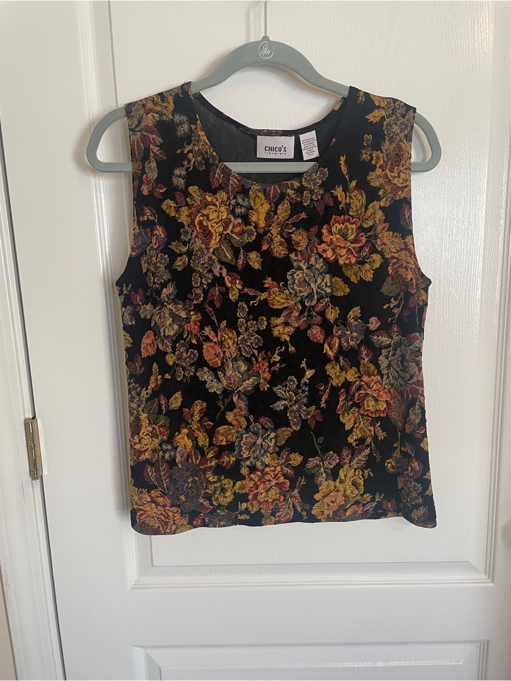 Chico's Vintage Traveler Black Floral Sleeveless Top Size 2